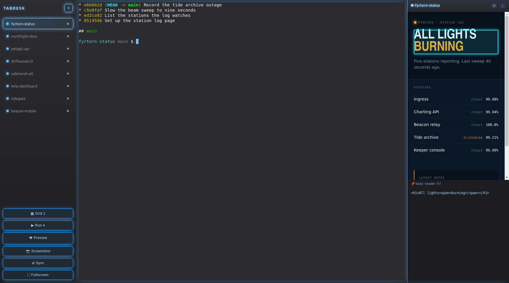TabDesk: a rail of project tabs on the left, the active project's terminal in the middle, a live preview of the running site on the right